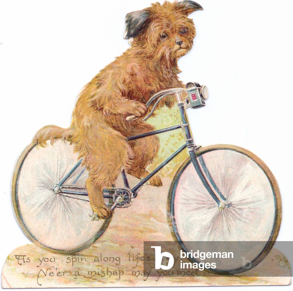 A Victorian Die-cut Shape card of dog riding a bicycle, c.1880 (colour litho)