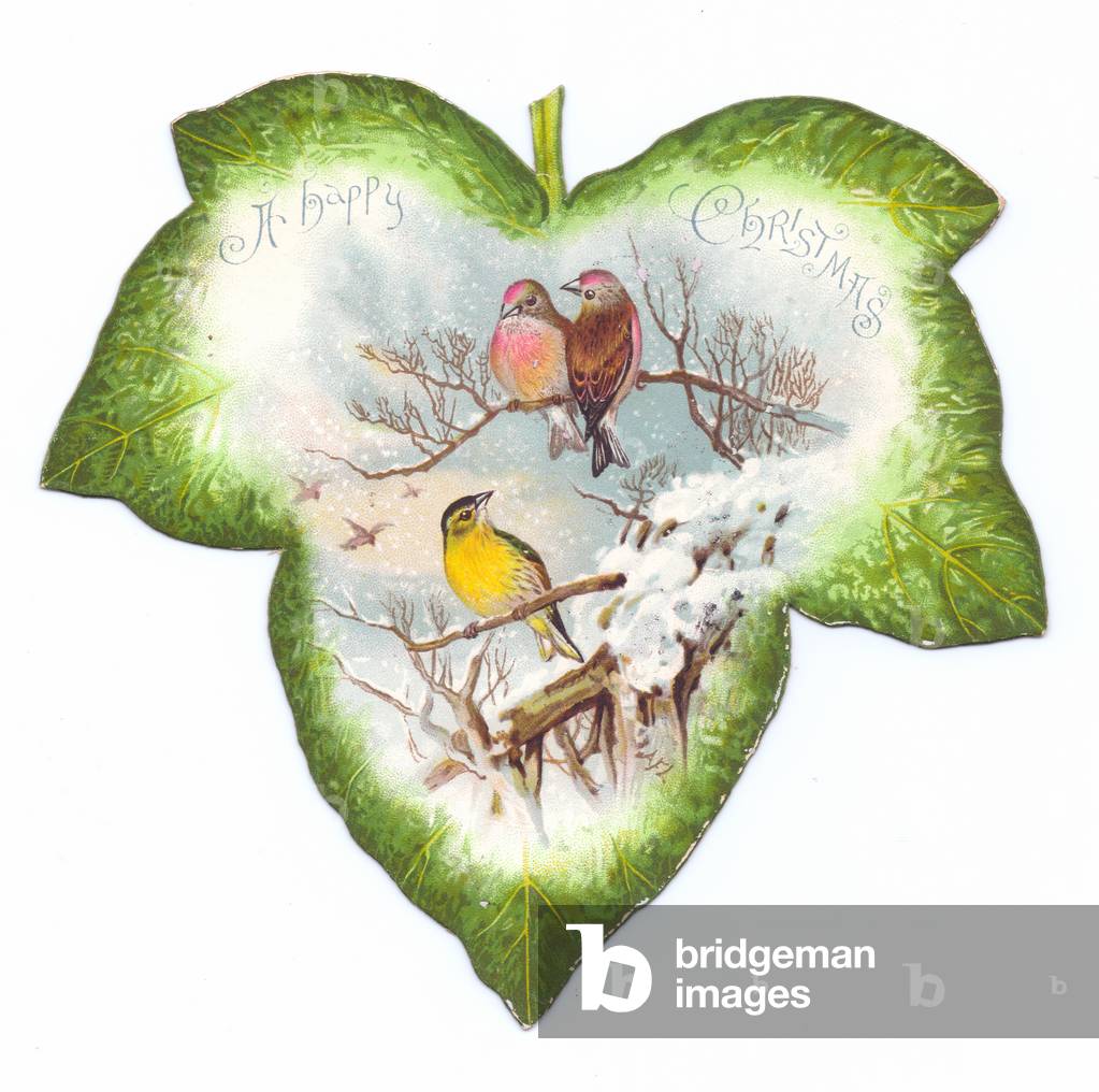 A Victorian die-cut shape Christmas card of an ivy leaf with an image of a robin and two birds sitting on snow covered branches on it, c.1880 (colour litho)