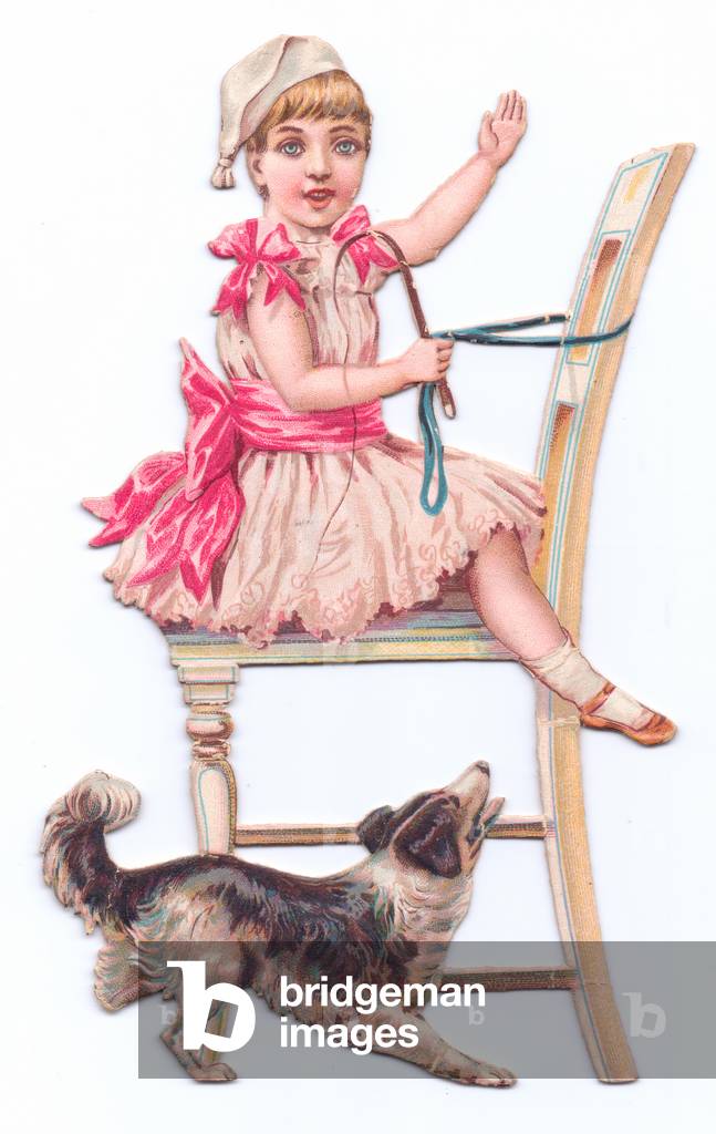 A Victorian Die-cut shape card of a girl sitting on a high chair with a dog trying to reach up, c.1880 (colour litho)