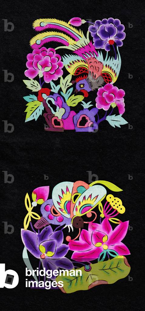 Chinese paper-cut of a bird and peony and a vase with a lotus flower and butterfly, c.1960 (hand-coloured and hand-cut)
