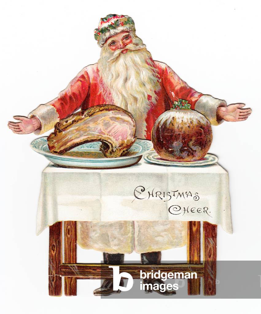 A Victorian die cut three dimensional Christmas card of Santa standing behind a table holding a plate of Christmas pudding and a plate of rib of roast beef  c.1880 (colour litho)