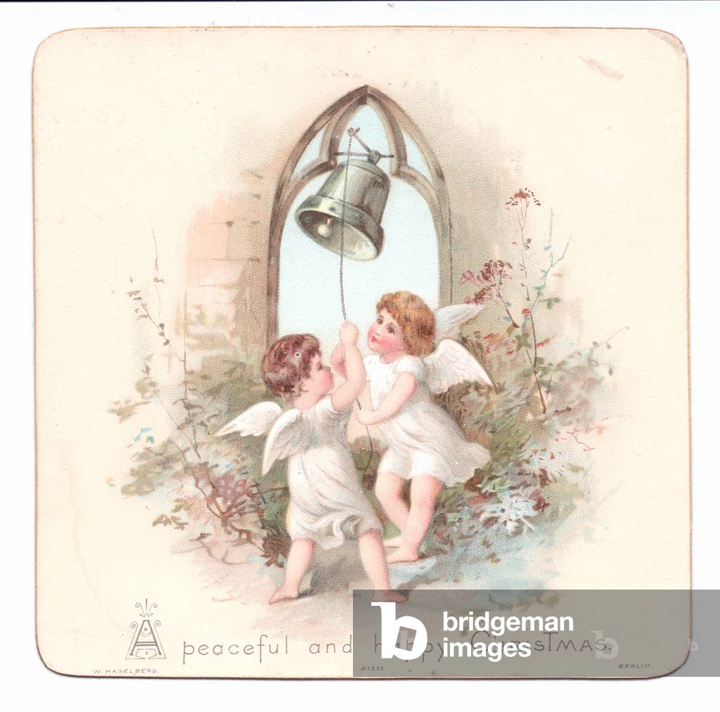 Victorian Christmas card with two little angels ringing a bell,  c. 1880 (colour litho)