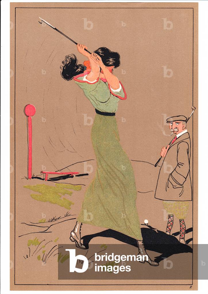 A print of two golfers in comic and humorous postures, c.1920 (colour litho)