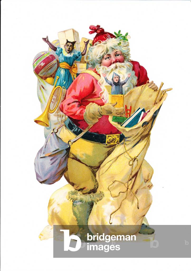 A Victorian Paper Scrap Relief of Father Christmas with two sacks of presents holding a jack-in-the-box, c.1880 (colour litho)