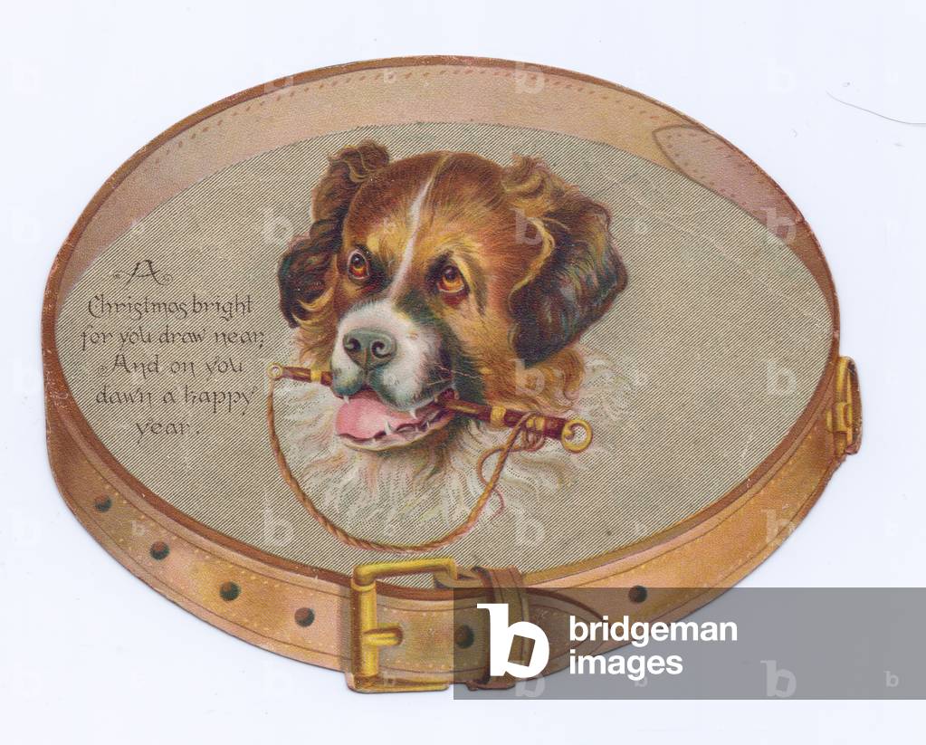 A Victorian Die-cut shape Christmas card of a dog in the middle of a dog collar, c.1880 (colour litho)