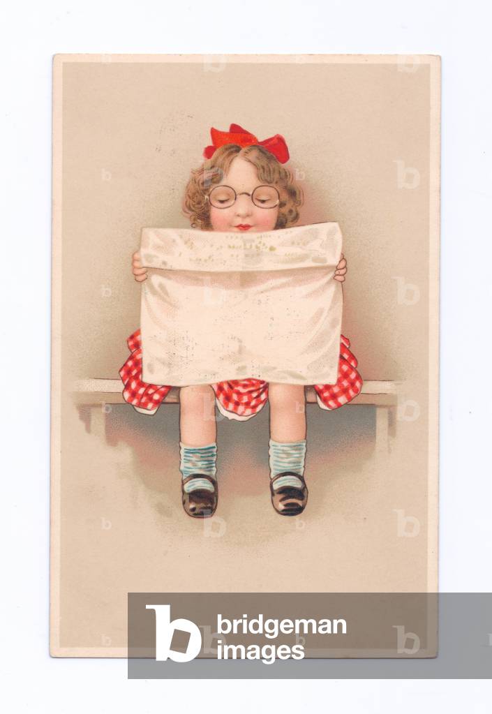 Edwardian postcard of a girl reading a newspaper, c.1910 (colour litho)