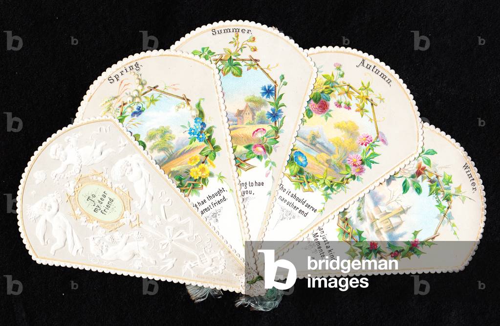 A Victorian die cut New Year card in the shape of a fan with an image of a, c.1880 (colour litho)