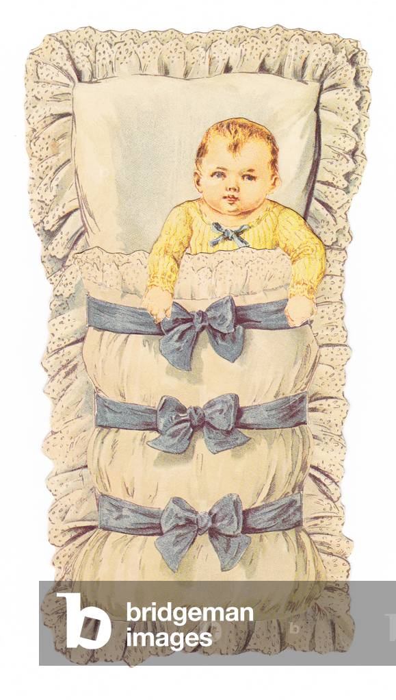 A Victorian Paper Scrap Relief of a baby in a cot, c.1880 (colour litho)