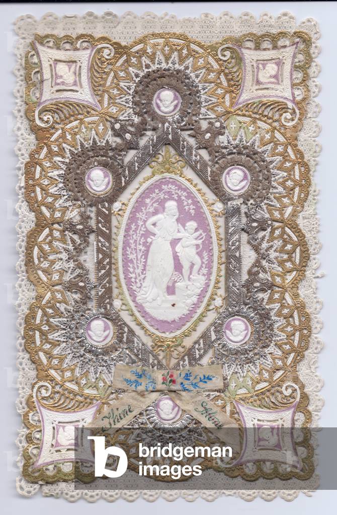 A Victorian heavily  embossed paper lace greeting card of a woman in a cameo with her hand on cupid holding a bow and arrow, c.1880 (colour litho)