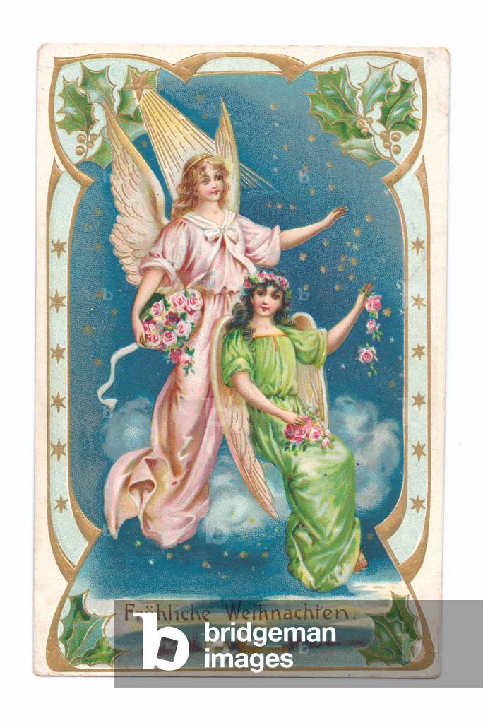 Edwardian postcard of two flying angels scattering roses, c.1910 (colour litho)