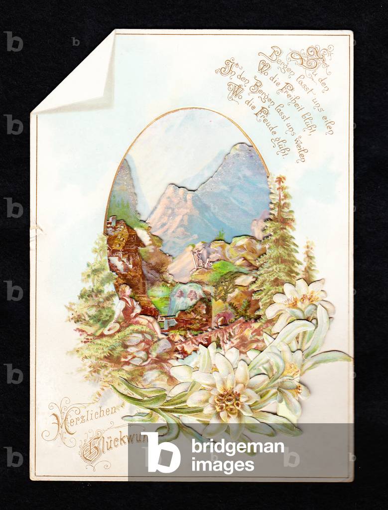A Victorian three dimensional greeting card of a man looking at mountains and a waterfall, c.1880 (colour litho)