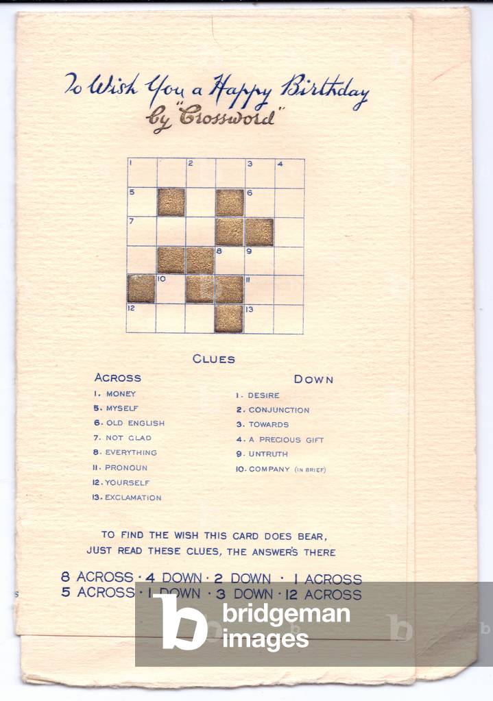 A Victorian birthday puzzle card of a crossword, c.1880 (colour litho)