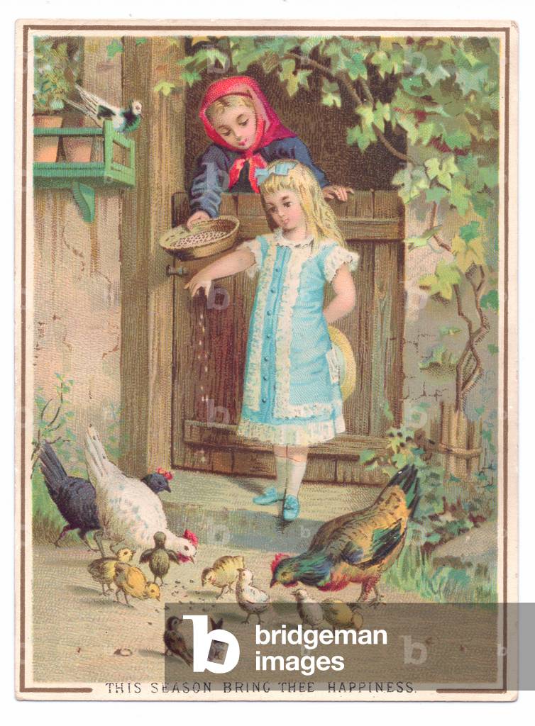 A Victorian greeting card of two girls feeding the poultry, c.1880 (colour litho)