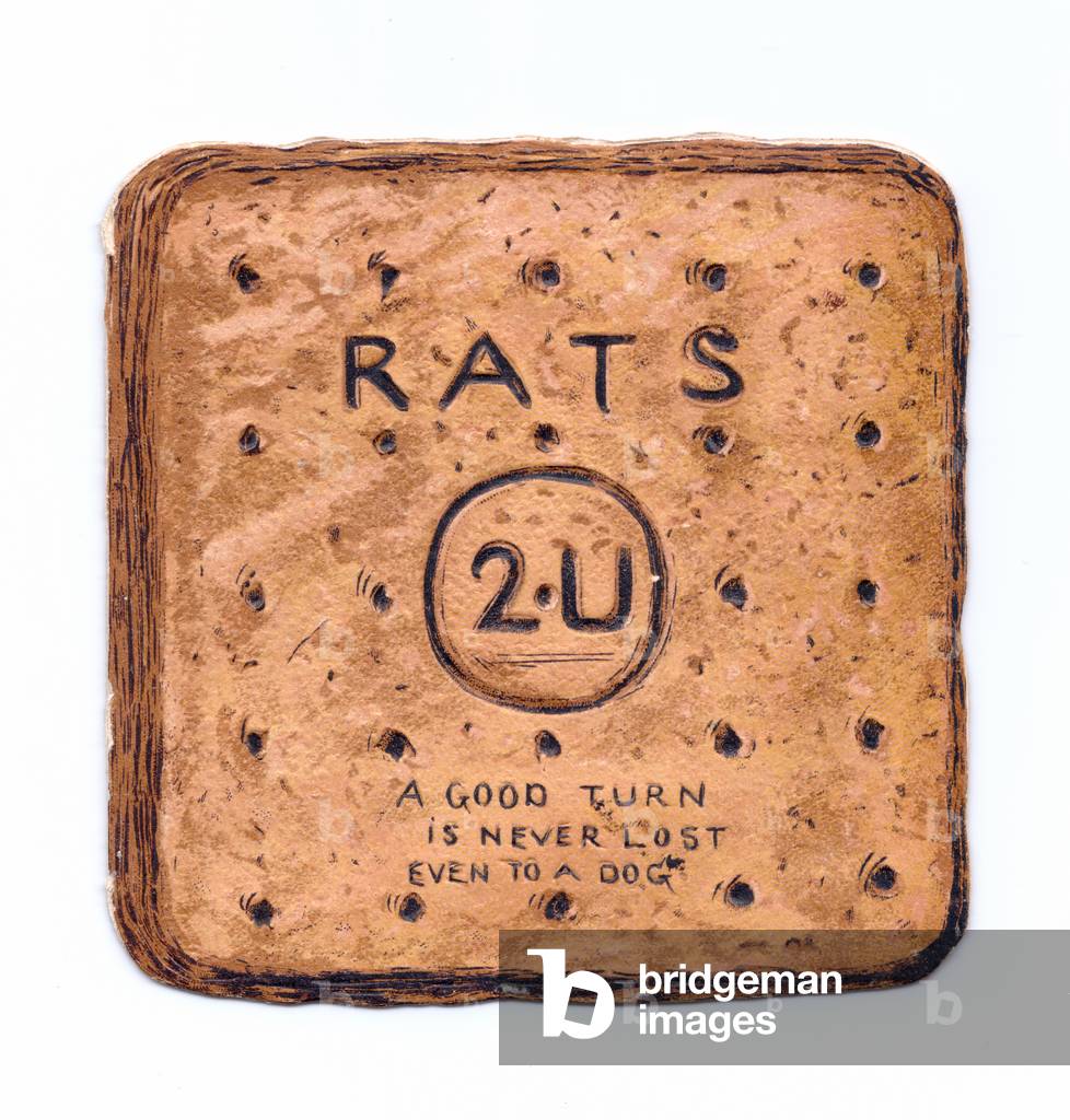 A Victorian die-cut shape card of a dog biscuit, c.1880 (colour litho)