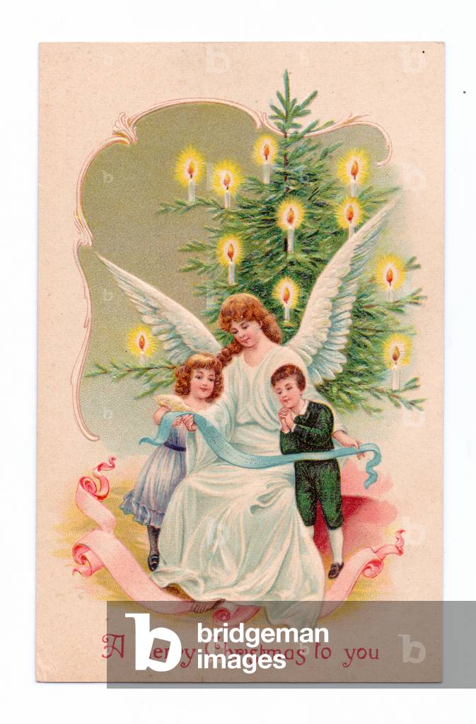 Edwardian Christmas postcard of an angel and two children, one with clasped hands in prayer, c.1910 (colour litho)