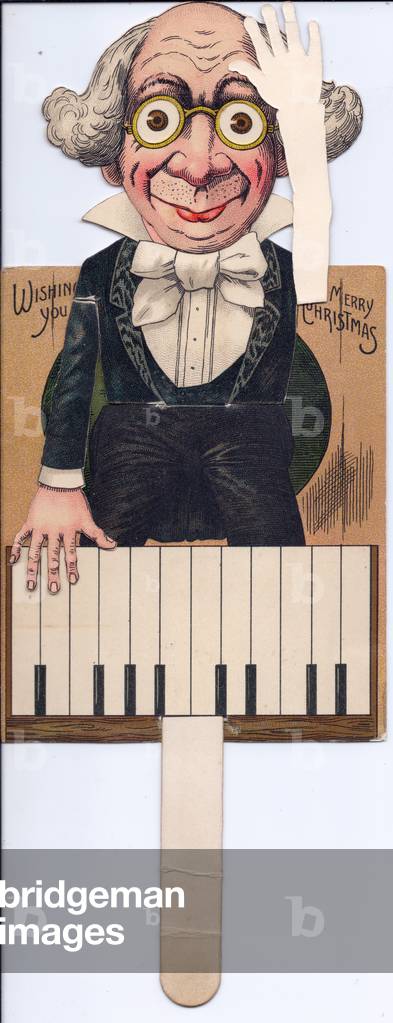 A Victorian mechanical Christmas card of an elderly man playing the piano, c.1880 (colour litho)
