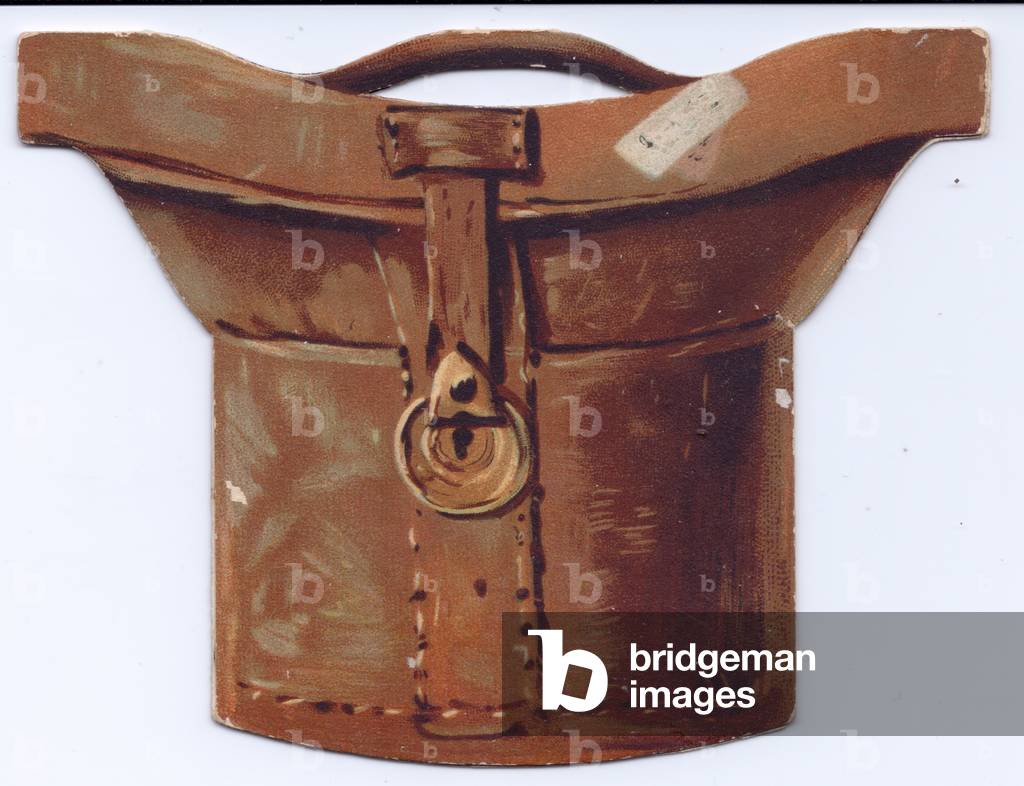 A Victorian die cut greeting card in the shape of a leather travelling hat box, c 1880 (colour litho)