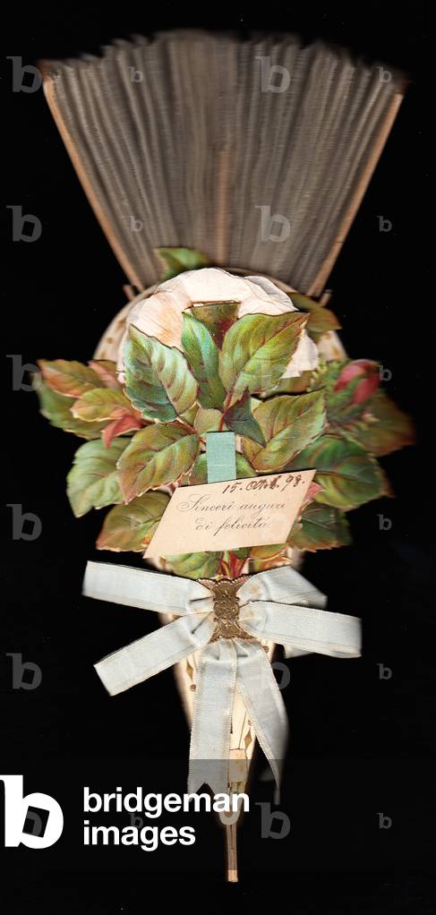 A Victorian die cut pop up greeting card of a fan and flowers, c.1880 (colour litho)