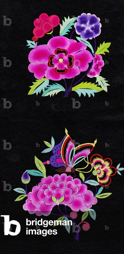 Chinese paper-cut of a peony and butterfly, also flowers in two vases, c.1960 (hand-coloured and hand-cut)