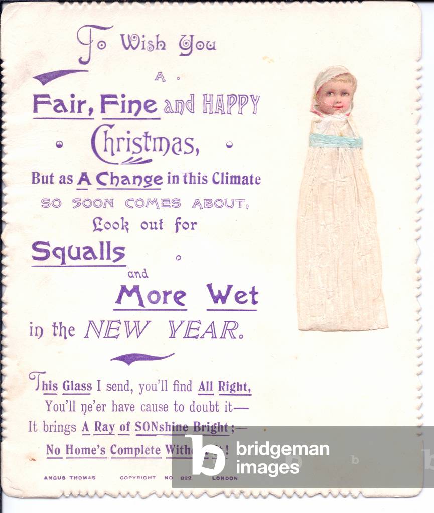 A humorous Victorian play-on-word Christmas and New Year card of a swaddled baby, c.1890 (colour litho)