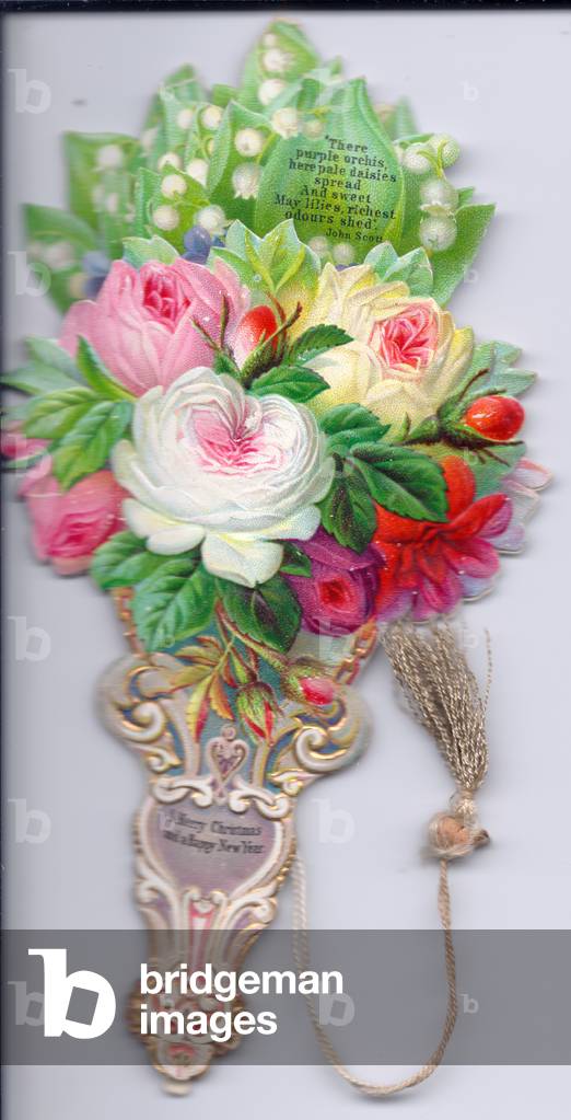 A Victorian die cut mechanical Christmas and New Year card of afan with a bouquet of flowers, c.1880 (colour litho)