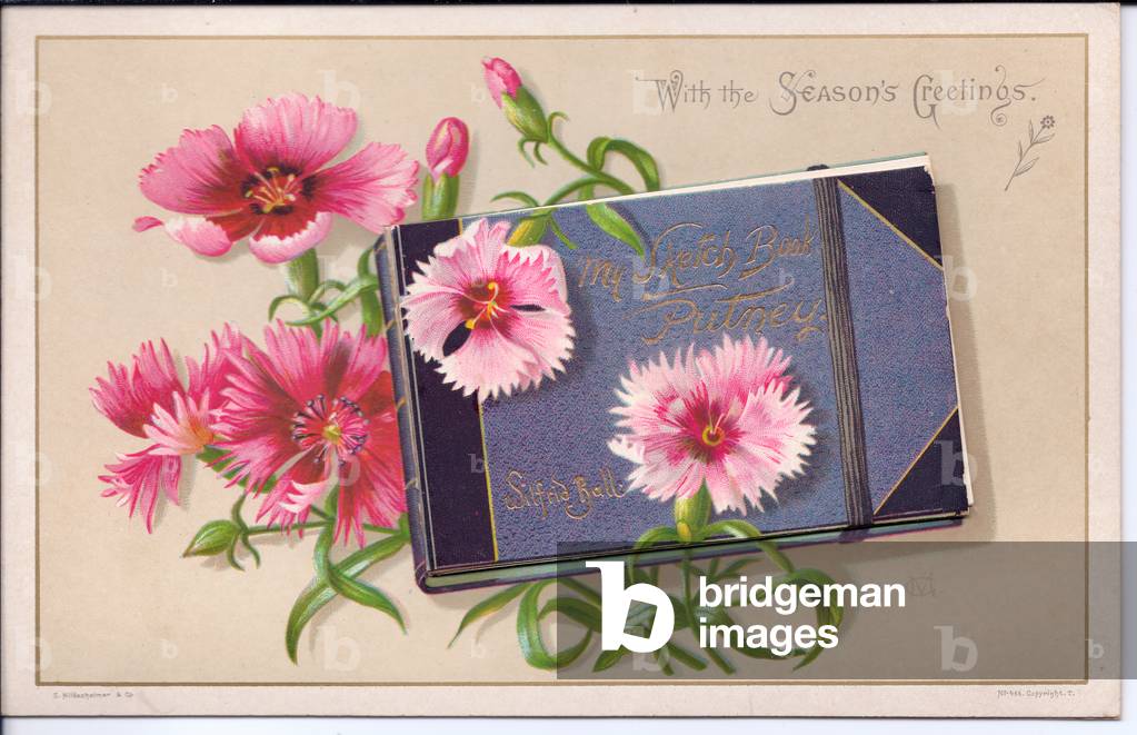 A Victorian greeting card of a sketchbook and carnations, c.1880 (colour litho)