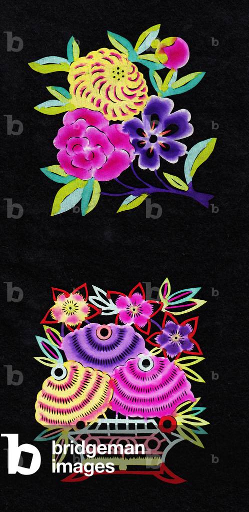 Chinese paper-cut of a chrysanthemum and flowers in a bowl, c.1960 (hand-coloured and hand-cut)