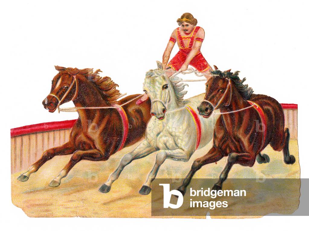 A Victorian Paper Scrap Relief of a strongman astride three galloping horses, c.1880 (colour litho)