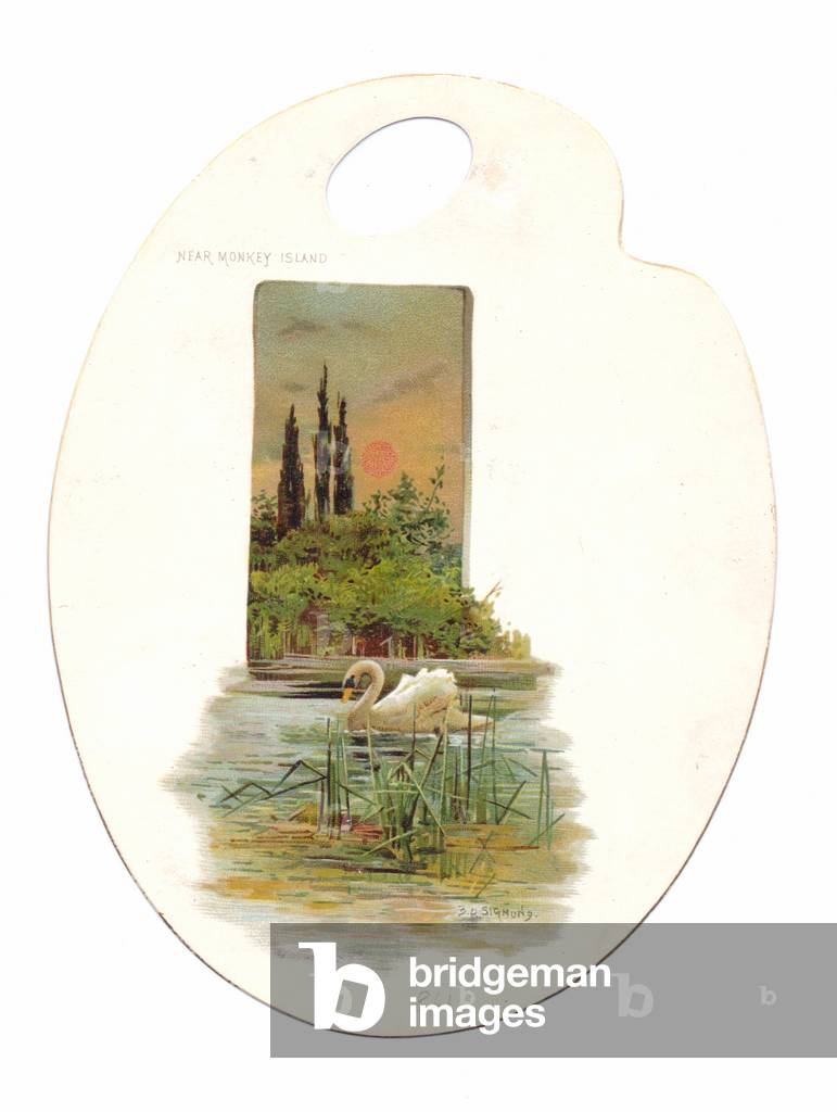 A Victorian die-cut shape card of an artist palette with a painting of trees and a swan on water on it, c.1880 (colour litho)