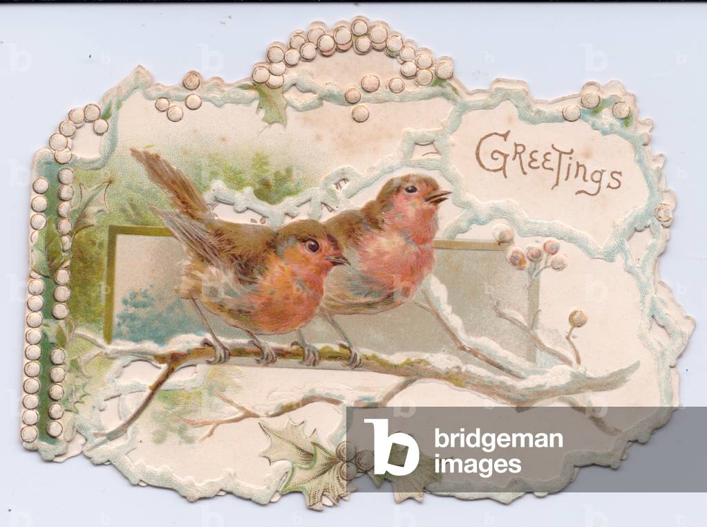 A die-cut Christmas Card of two robins perching on a branch, circa 1910 (coloured lithograph)