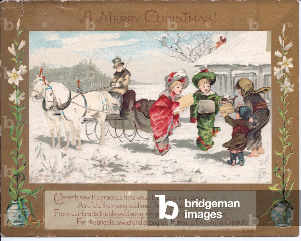 A Victorian Christmas card of two ladies beside a horse drawn carriage giving gifts to a boy and a girl, c.1880 (colour litho)