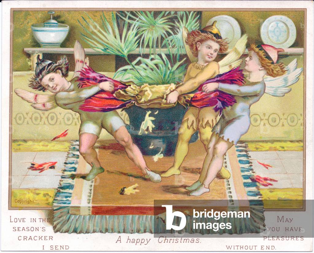 A Victorian Christmas card of three elves pulling a Christmas cracker, c.1880 (colour litho)