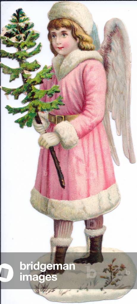 A Victorian Paper Scrap Relief of an angel in a fur trimmed coat and boots holding a Christmas tree, c.1880 (colour litho)