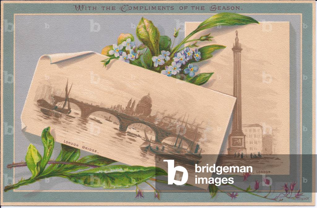 A Victorian greeting card of London Bridge and the Monument, London, c.1880 (colour litho)