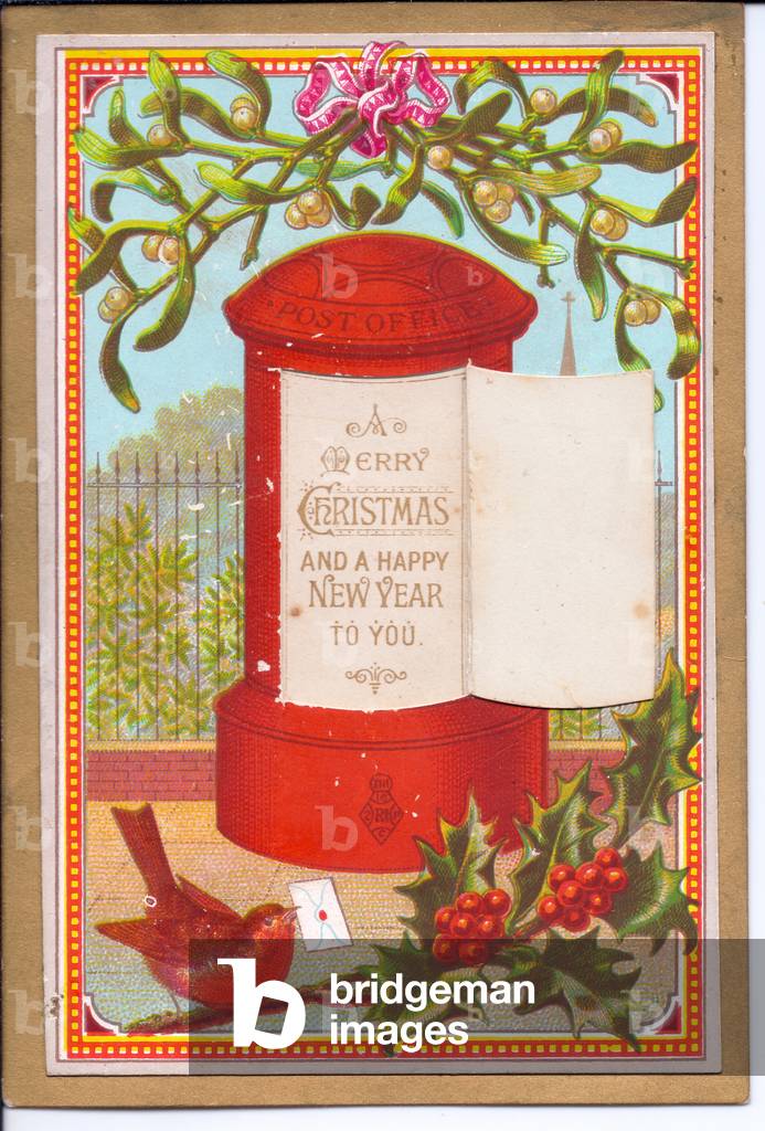 A Victorian Christmas card of a robin with an envelope in it's beak next to a letterbox, c.1880 (colour litho)
