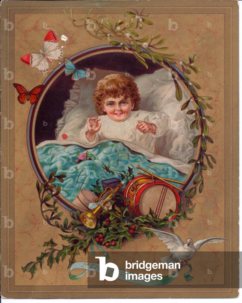 A Victorian Christmas card of a child waking up to find toys at the foot of it's bed, c.1880 (colour litho)