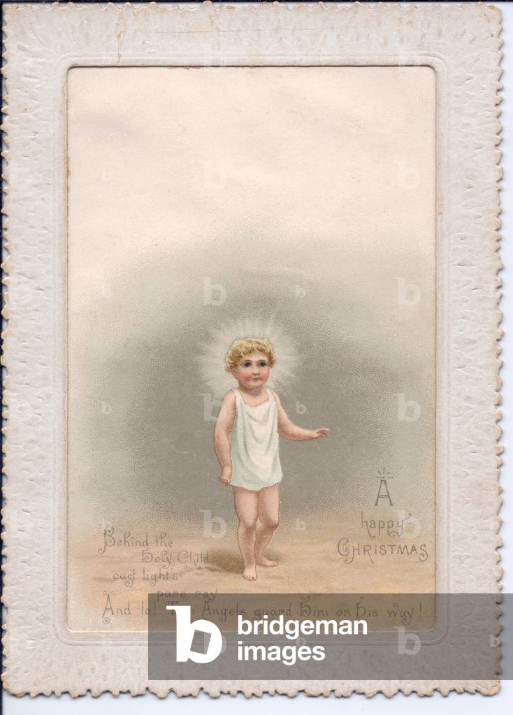 A Victorian hold-to-light Christmas Card of Jesus. When the card is held in front of a light source, two angels appear, circa 1898 (coloured lithograph)