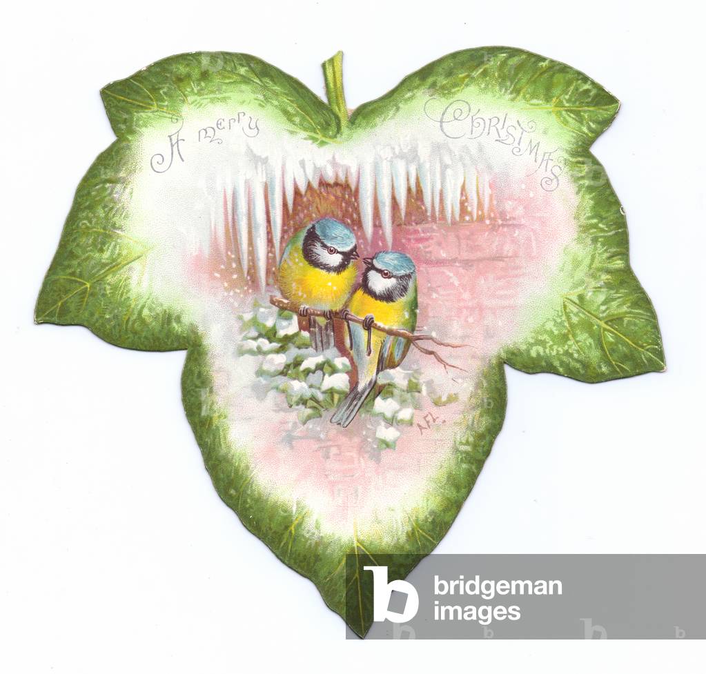 A Victorian die-cut shape Christmas card of an ivy leaf with two blue tit yellow breasted birds sitting on a snow covered branch on it, c.1880 (colour litho)