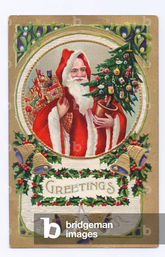 Edwardian postcard of Father Christmas holding a Christmas tree with a sack of toys over his shoulder, c.1910 (colour litho)