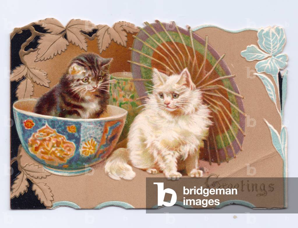 A Victorian greeting card of a two cats with one sitting in an oriental patterned bowl, c.1880 (colour litho)