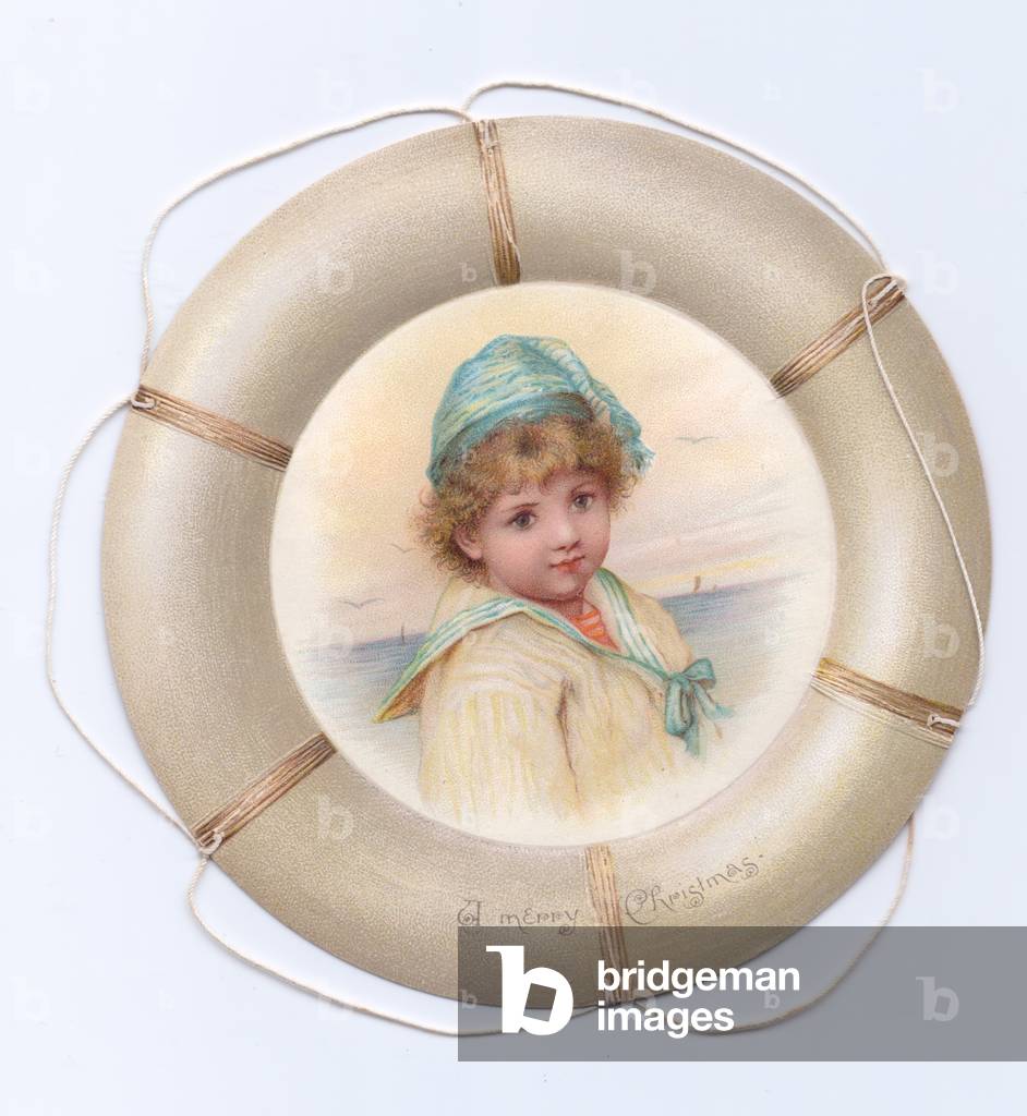 A Victorian Die-cut shape Christmas card of a lifebelt with an image of a child, c.1880 (colour litho)
