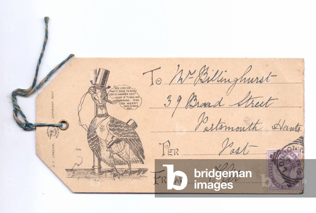 A Victorian die-cut shape Christmas card of a ticket with an image of an inebriated turkey on it, c.1880 (colour litho)