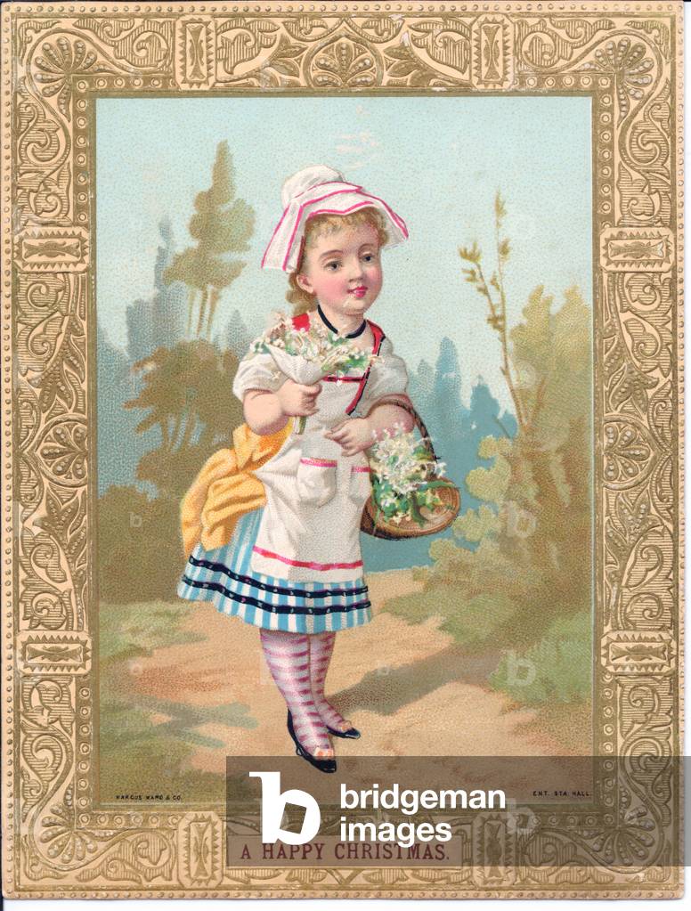 Victorian Christmas card of a girl carrying a bouquet of flowers in one hand and holding a basket of flowers with the other, c.1880 (colour litho)
