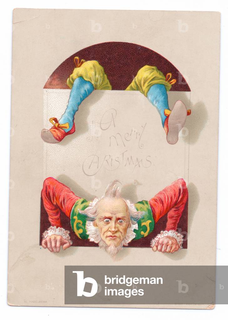 Victorian Christmas card of an old clown performing an acrobatic trick, c.1880 (colour litho)