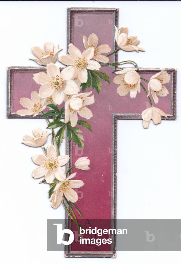 A Victorian religious Christmas card of a cross decorated with white almond blossom, c.1880 (colour litho)