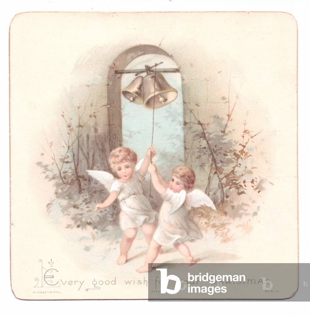 Victorian Christmas card with two little angels ringing a bell,  c. 1880 (colour litho)