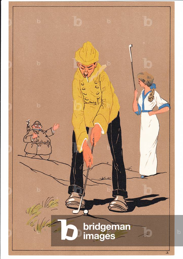 A print of two golfers in comic and humorous postures, c.1920 (colour litho)