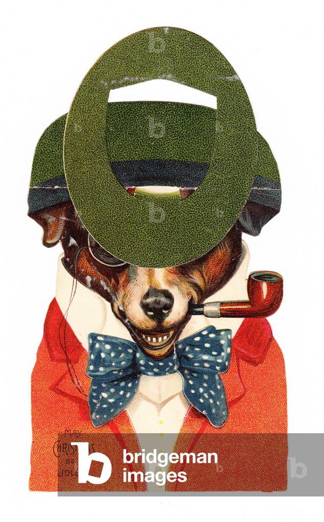 A Victorian die cut three dimensional greeting card of a dog wearing a bowtie with a pipe in it's mouth, c.1880 (colour litho)