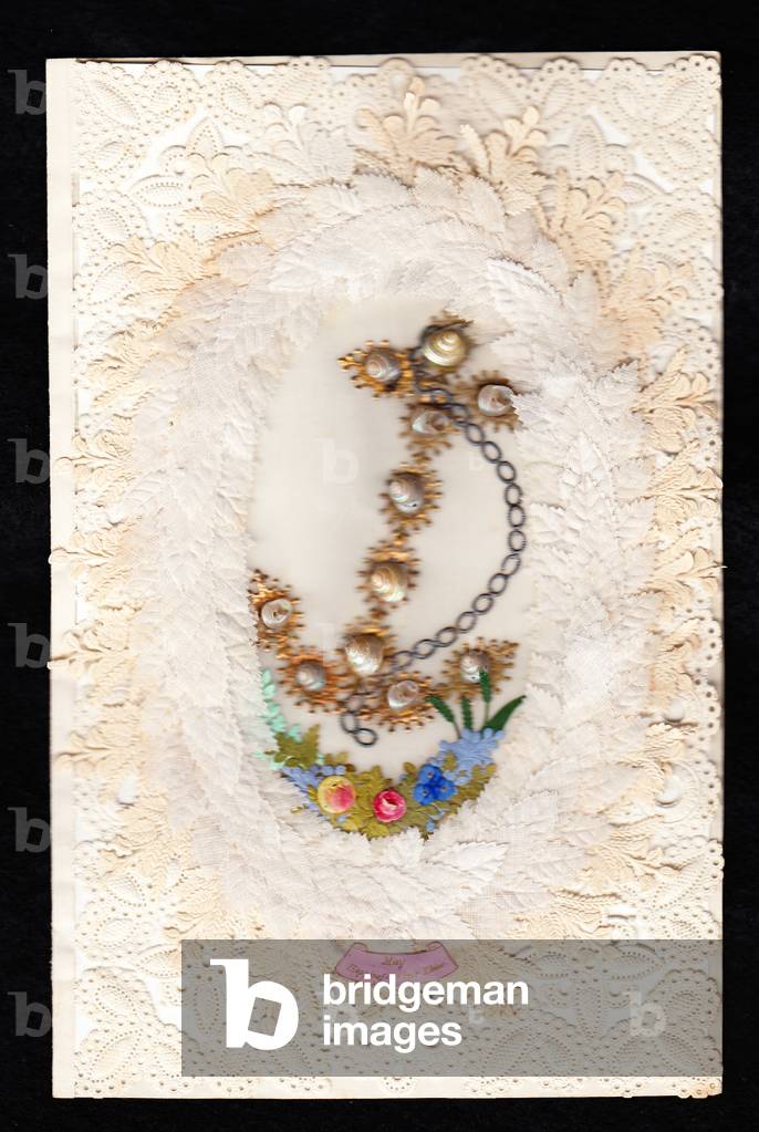 A Victorian Valentine card of an anchor made of shells against a paper lace background, c.1870 (colour litho)