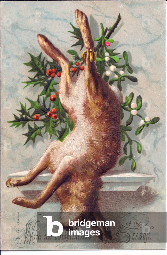 Victorian greeting card of a dead hare, c.1880 (colour litho)